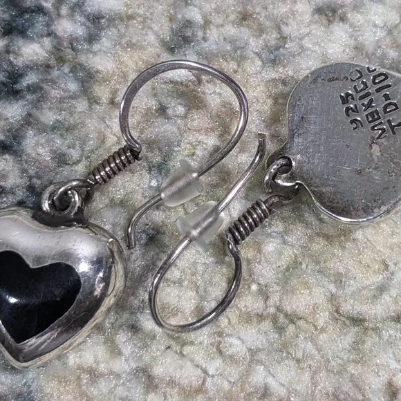Vintage Mexican Taxco Sterling Silver Heart Charm Earrings with Black Onyx Inlay - Picture 9 of 9